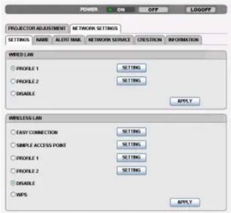 POWER ON OFF LOGOFF PROJECTOR ADJUSTMENT NETWORK SETTINGS SETTINGS NAME ALERT NAME NETWORK SERVICE CRESTION INFORMATION WIRED LAN ○ PROFILE 1 SETTING ○ PROFILE 2 SETTING ○ DISABLE APPLY WIRELESS LAN ○ EASY CONNECTION SETTING ○ SIMPLE ACCESS POINT SETTING ○ PROFILE 1 SETTING ○ PROFILE 2 SETTING ○ DISABLE ○ WPS APPLY