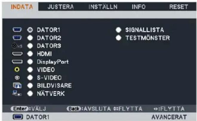 INDATA JUSTERA INSTALLN INFO RESET DATOR1 DATOR2 DATOR3 HDMI DisplayPort VIDEO S-VIDEO BILDVISARE NÄTVERK SIGNALLISTA TESTMÖNSTER Enter: VÄLJ Back: AVSLUTA :FLYTTA :FLYTTA DATOR1 AVANCERAT