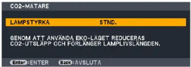 CO2-MÄTARE LAMPSTYRKA STND. GENOM ATT ANVÄNDA EKO-LÄGET REDUCERAS CO2-UTSLÄPP OCH FÖRLÄNGER LAMPLIVSLÄNGDEN. Enter:ENTER Back:AVSLUTA