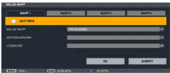 DELAD MAPP MAPP 1 MAPP 2 MAPP 3 MAPP 4 AKTIVERA DELAD MAPP FC-SHARED AFVÄNDARNAMN LÖSEKORD OK AVERYT Enter: VÄLJ Enter: AVSLUTA FLYTTA