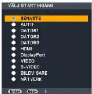 VÄLJ STARTINGÅNG • SENASTE • AUTO • DATOR1 • DATOR2 • DATOR3 • HDMI • DisplayPort • VIDEO • S-VIDEO • BILDVISARE • NÄTVERK Enter Back
