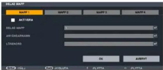 DELAD MAPP MAPP 1 MAPP 2 MAPP 3 MAPP 4 AKTIVERRA DELAD MAPP ANYANDAPNAMN LOSENORD OK AVERYT Enter: VALL Enter: AVSLUTA FLYTTA FLYTTA