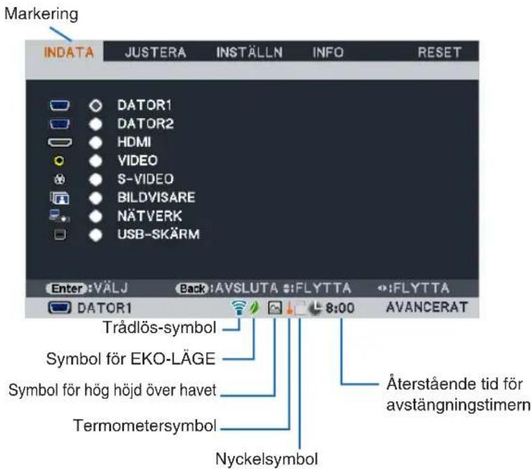Marketing INDATA JUSTERA INSTÄLLN INFO RESET DATOR1 DATOR2 HDMI VIDEO S-VIDEO BILDVISARE NÄTVERK USB-SKÄRM Enter: VÄLJ Back: AVSLUTA FLYTTA FLYTTA DATOR1 AVANCERAT Trådlös-symbol Symbol för EKO-LÄGE Symbol för hög höjd över havet Termometersymbol Återstående tid för avstängningstimern Nyckelsymbol