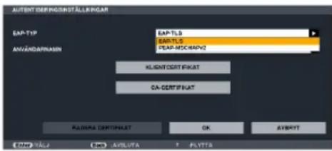 AUTENT DEFENGINDSTÄLLRIGAR EAP-TIP EAP-TLS EAP-TLS PEAD-MOCHAPIC ANVÄNDAPINASIN KLENTERTIFUKAT CA-DERTIFUKAT RADORA DERTIFUKAT OK AVBRYT DABYALZ AVSLUTA FLYTTS