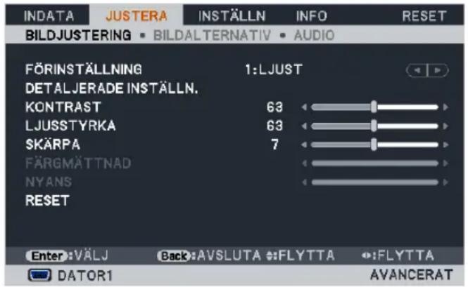 INDATA JUSTERA INSTÄLLN INFO RESET BILDJUSTERING BILDALTERNATIV AUDIO FÖRINSTÄLLNING 1:LJUST DETALJERADE INSTÄLLN. KONTRAST 63 LJUSSTYRKA 63 SKÄRPA 7 FÄRGMÄTTNAD NYANS RESET Enter: VÄLJ Back: AVSLUTA FLYTTA FLYTTA DATOR1 AVANCERAT