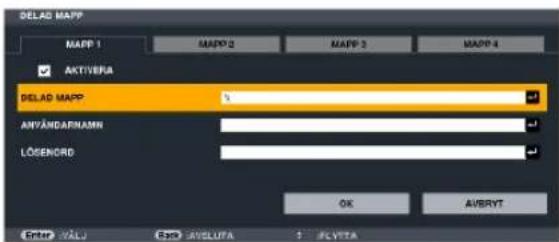 DELAD MAPP MAPP 1 MAPP 2 MAPP 3 MAPP 4 ✓ AKTIVÉRA DELAD MAPP ANYANDAFNAMR LÖSENORD OK AVERYT Enter VALU Enter JAVSLUTA ✓ AVLTVA