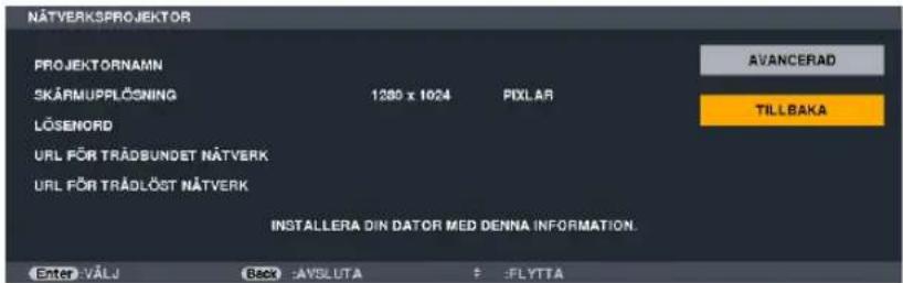 NÄTVERKSPROJEKTOR PROJEKTÖRNAMN SKÄRMUPPLÖSNING 1290 x 1024 PIXLAR LÖSENORD URL FÖR TRÄDBUNDET NÄTVERK URL FÖR TRÄDLÖST NÄTVERK AVANCERAD TILLBAKA INSTALLERA DIN DATOR MED DENNA INFORMATION. Enter: VÄLJ Back: AVSLUTA F: FLYTTA