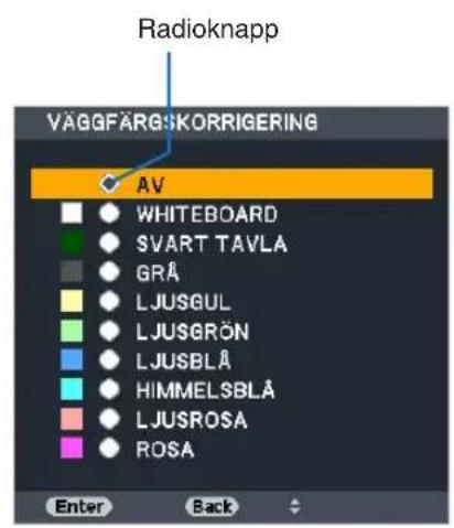 Radioknapp VÄGGFÄRGSKORRIGERING AV WHITEBOARD SVART TAVLA GRA LJUSGUL LJUSGRÖN LJUSBLÅ HIMMELSBLÅ LJUSROSA ROSA Enter Back
