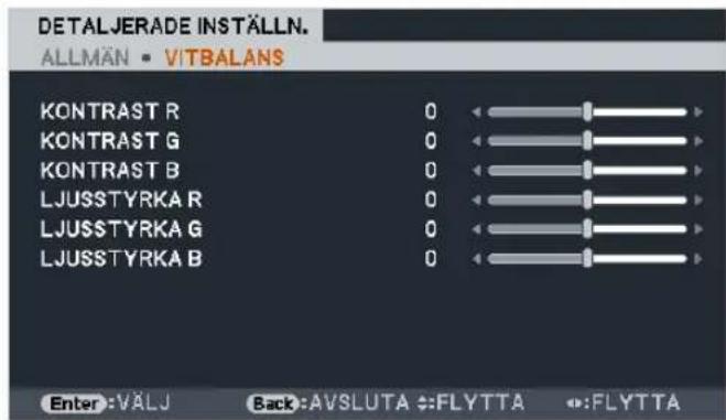 DETALJERADE INSTÄLLN. ALLMÄN • VITALANS KONTRAST R 0 KONTRAST G 0 KONTRAST B 0 LJUSSTYRKA R 0 LJUSSTYRKA G 0 LJUSSTYRKA B 0 Enter:VALJ Back:AVSLUTA :FLYT TA FLYT TA