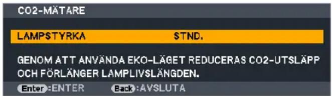 CO2-MÄTARE LAMPSTYRKA STND. GENOM ATT ANVÄNDA EKO-LÄGET REDUCERAS CO2-UTSLÄPP OCH FÖRLÄNGER LAMPLIVSLÄNGDEN. Enter:ENTER Back:AVSLUTA