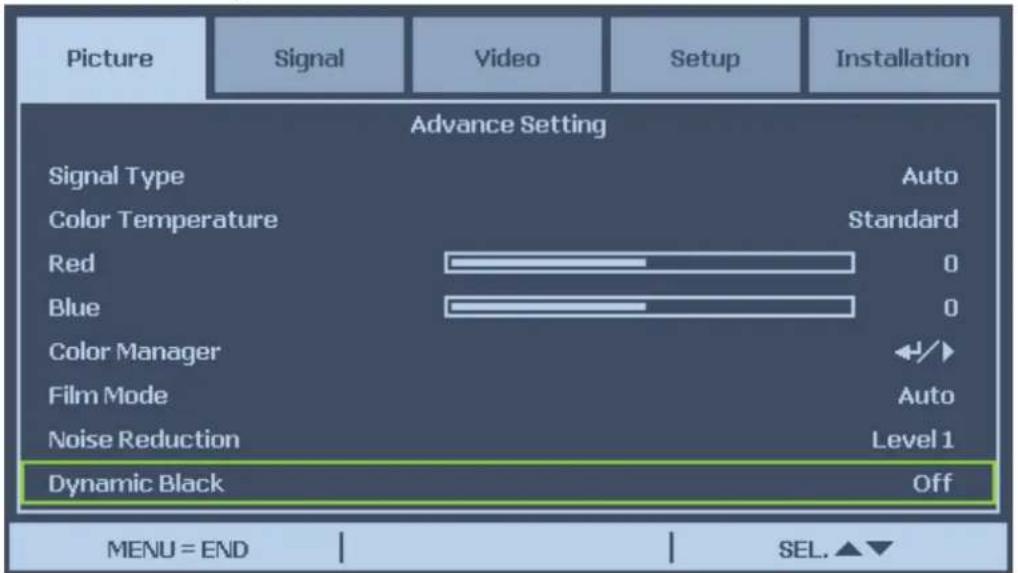 Picture Signal Video Setup Installation Advance Setting Signal Type Auto Color Temperature Standard Red 0 Blue 0 Color Manager ←/→ Film Mode Auto Noise Reduction Level 1 Dynamic Black Off MENU = END SEL.▲▼