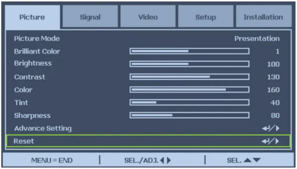Picture Signal Video Setup Installation Picture Mode Presentation Brilliant Color 1 Brightness 100 Contrast 130 Color 160 Tint 40 Sharpness 80 Advance Setting ←/→ Reset ←/→ MENU = END | SEL./ADJ. ←→ | SEL. ▲▼