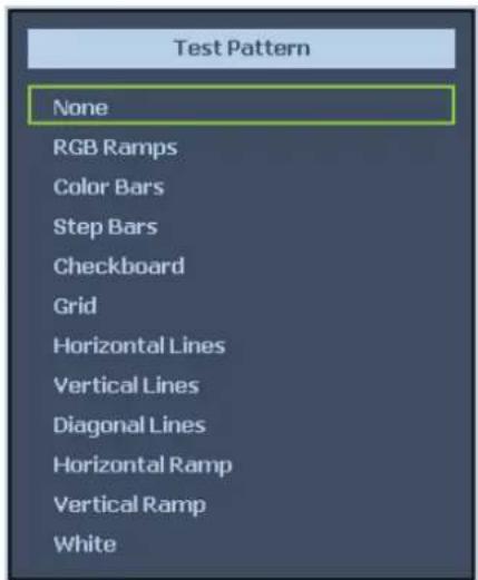 Test Pattern None RGB Ramps Color Bars Step Bars Checkboard Grid Horizontal Lines Vertical Lines Diagonal Lines Horizontal Ramp Vertical Ramp White