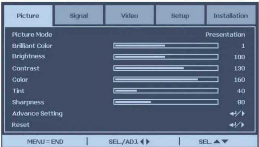 Picture Signal Video Setup Installation Picture Mode Brilliant Color Brightness Contrast Color Tint Sharpness Advance Setting Reset Presentation 1 100 130 160 40 80 MENU = END SEL./ADJ.◀▶ SEL.▲▼