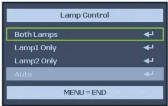 Lamp Control Both Lamps Lamp1 Only Lamp2 Only Auto MENU = END