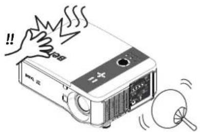 Illustration of a projector with sound waves and a magnifying glass, showing motion and vibration effects.