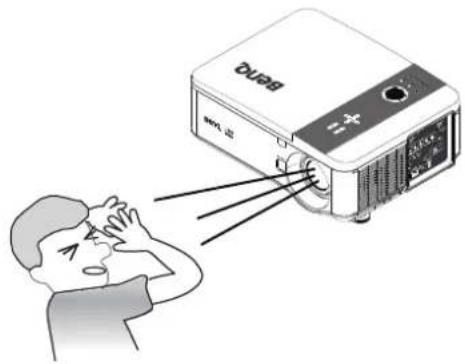 Diagram showing a person reacting to a projector with labeled ports and light rays, illustrating the process.