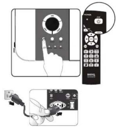 Diagram showing a hand interacting with a Benq remote control via a power switch, with an attached plug and battery connected to the right.