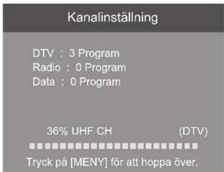 Kanalinställning DTV : 3 Program Radio : 0 Program Data : 0 Program 36% UHF CH (DTV) Tryck på [MENY] för att hoppa över.