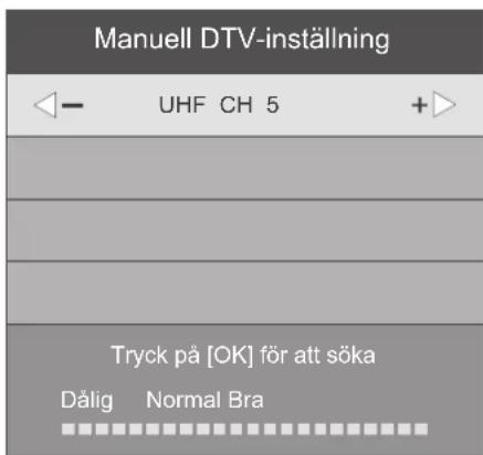 Manuell DTV-inställning ←─ UHF CH 5 +► Tryck på [OK] för att söka Dålig Normal Bra
