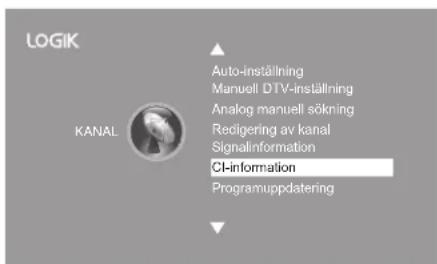 LOGIK KANAL Auto-inställning Manuell DTV-inställning Analog manuell sökning Redigering av kanal Signalinformation CI-information Programuppdatering