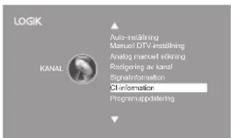 LOGIK KANAL Auto-insättning Manuell DTV-instättning Analog manuell sökning Rädipering av kanal Signalinformation CI information Programsupplattering