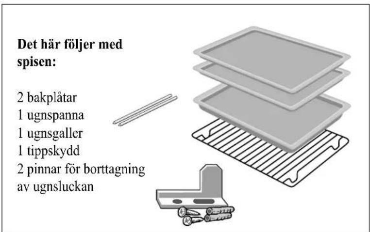 Det här följer med spisen: 2 bakplåtar 1 ugnspanna 1 ugnsgaller 1 tippskydd 2 pinnar för borttagning av ugnsluckan