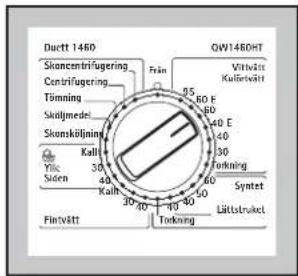 Ductt 1460 Skoncentrifugering Centrifugering Tönnning Skoljmedel Skonskölning Ylic Söen Flintvätt Kall 30° Kall 30° Torkning QW1480HT Vittvätt Kulönvätt 50 F 60 40 E 40 30 Forkning Syntet Lüttstrukt