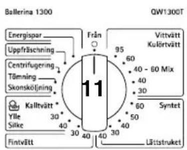 Ballerina 1300 QW1300T Energispar Uppfräschning Centrifugering Tömning Skonskötjning Från 95 60 40 - 60 Mix 40 30 Vittvätt Kulörtvätt 95 60 40 30 60 Symet Ylle Silke Kalltvätt* 30 40 30 40 50 40 30 Lättstruket