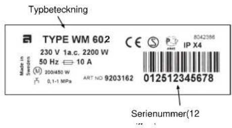 Typbeteckning TYPE WM 602 230 V 1a.c. 2200 W 50 Hz 10 A Made in Sweden M 200/450 W 0,1-1 MPa ART NO 9203162 SERienummer(12 8042386 IP X4 012512345678