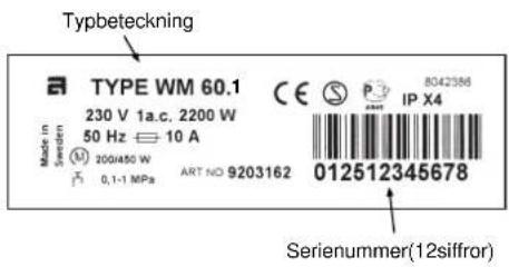 Typbeteckning TYPE WM 60.1 230 V 1a.c. 2200 W 50 Hz 10 A Made in Sweden 200/450 W 0,1-1 MPa ART NO 9203162 8042386 IP X4 012512345678 Serienummer(12siffror)