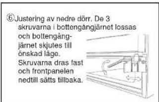⑥ Justering av nedre dörr. De 3 skruvarna i bottengångjärnet lossas och bottengångjärnet skjutes till önskad läge. Skuvarna dras fast och frontpanelen nedtill sätts tillbaka.