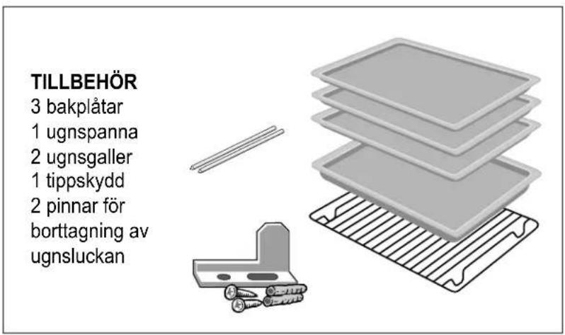 TILLBEHÖR 3 bakplåtar 1 ugnspanna 2 ugnsgaller 1 tippskydd 2 pinnar för borttagning av ugnsluckan