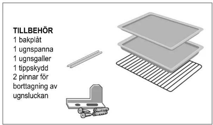 TILLBEHÖR 1 bakplåt 1 ugnspanna 1 ugnsgaller 1 tippskydd 2 pinnar för borttagning av ugnsluckan
