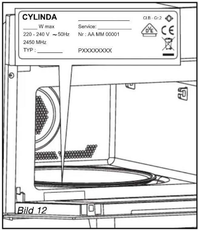 CYLINDA _______ W max 220 - 240 V ~50Hz 2450 MHz TYP : _________ Service: _________ Nr : AA MM 00001 PXXXXXXXXX CI B - Gr.2 D'E CE Bild 12