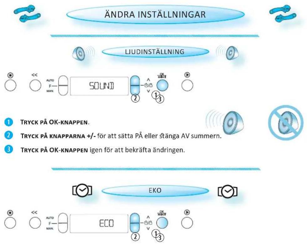 ÄNDRA INSTÄLLNINGAR LJUDINSTÄLLNING 1 TRYCK PÅ OK-KNAPPEN. 2 TRYCK PÅ KNAPPARNA +/- för att sätta PÅ eller stänga AV summern. 3 TRYCK PÅ OK-KNAPPEN igen för att bekräfta ändringen. EKO