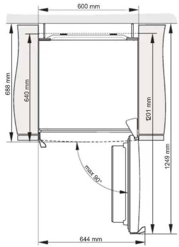 600 mm 688 mm 640 mm 1201 mm 1249 mm max 90° 644 mm