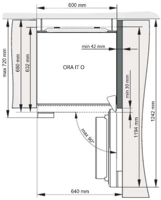 600 mm max 720 mm 680 mm 632 mm min 42 mm ORA IT O min 30 mm 1194 mm 1242 mm max 90° 640 mm