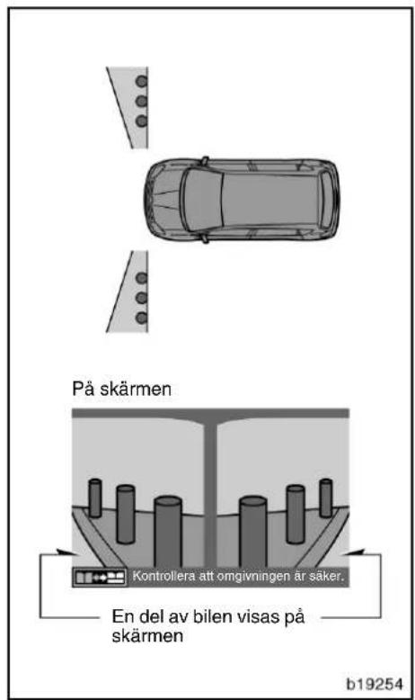 På skärmen Kontrollera att omgivningen är säker. En del av bilen visas på skärmen b19254
