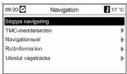 09:20 Navigation 17 °C Stoppa navigering TMC-meddelanden Navigationsval Ruttinformation Uteslut vägsträcka