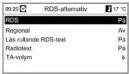 09:20 RDS-alternativ 17 °C RDS På Regional Av Lås rullande RDS-text På Radiotext På TA-volym >
