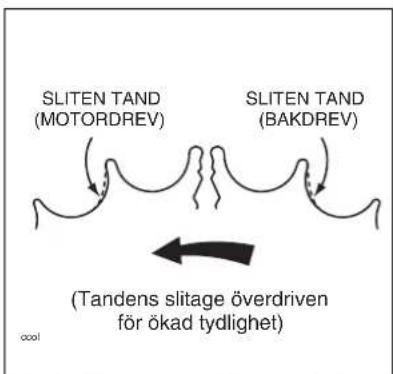 SLITEN TAND (MOTORDREV) SLITEN TAND (BAKDREV) (Tandens slitage överdriven för ökad tydlighet)