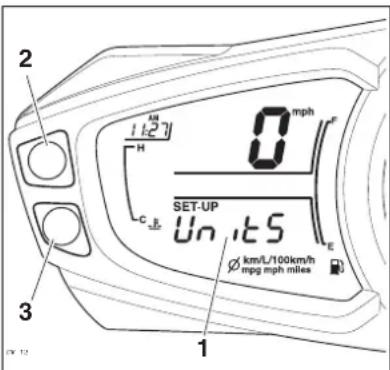 2 1 L27 0 mph H SET-UP Un 15 E 3 Ø km/L/100km/h mpg mph miles 1