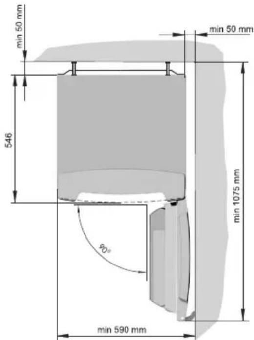 min 50 mm 546 min 50 mm min 1075 mm 90° min 590 mm