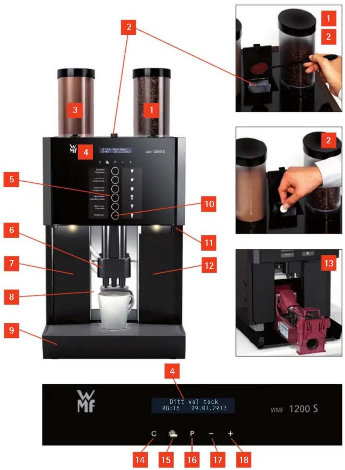 WMF 1200 S - Benämning av kaffemaskinens komponenter - 1