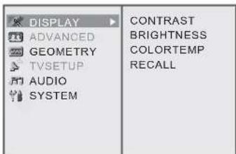 DISPLAY ADVANCED GEOMETRY TVSETUP AUDIO SYSTEM CONTRAST BRIGHTNESS COLORTEMP RECALL