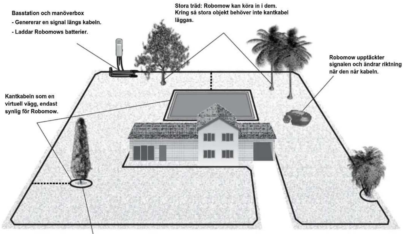 Basstation och manöverbox - Generar en signal längs kabeln. - Laddar Robomows batterier. Kantkabeln som en virtuell vägg, endast synlig för Robomow. Stora träd: Robomow kan köra in i dem. Kring så stora objekt behöver inte kantkabel läggas. Robomow upptäckter signalen och ändrar riktning när den när kabeln.