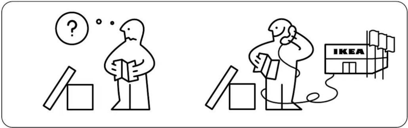 Cartoon illustration showing two people with books and a IKEA building, one thinking with a question mark and the other holding books.