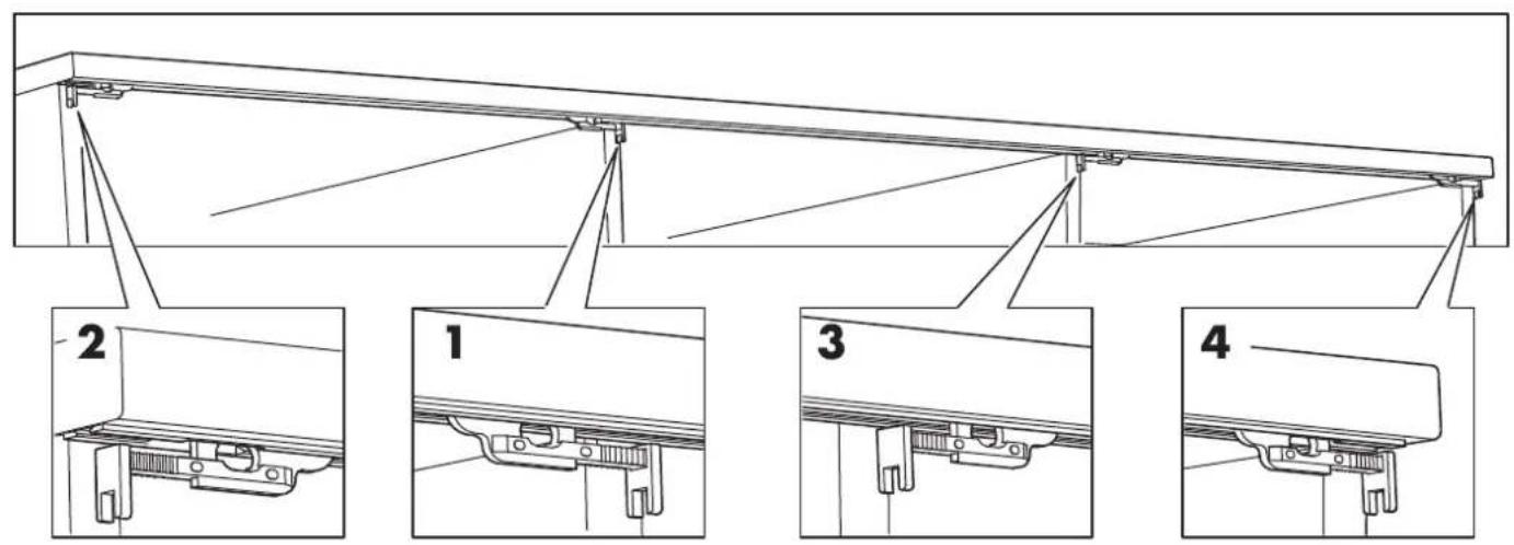 Technical diagram showing four labeled mechanical assembly steps with numbered annotations