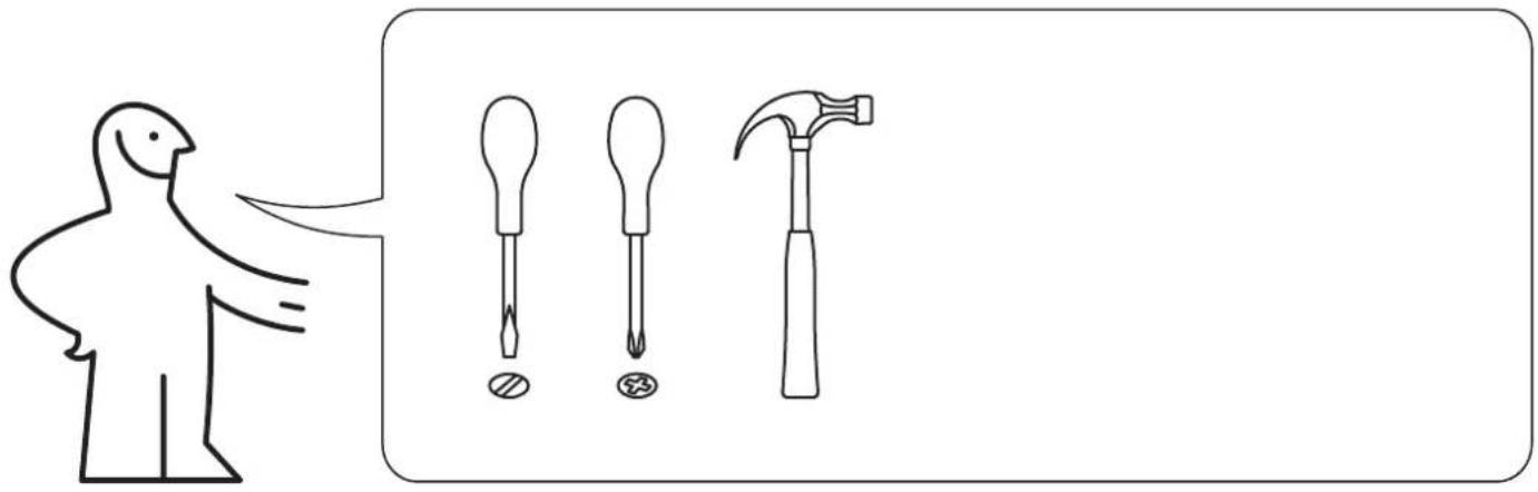 Illustration showing a bird pointing to three different types of screwdriver tools: a pin, a screwdriver with holes, and a hammer.